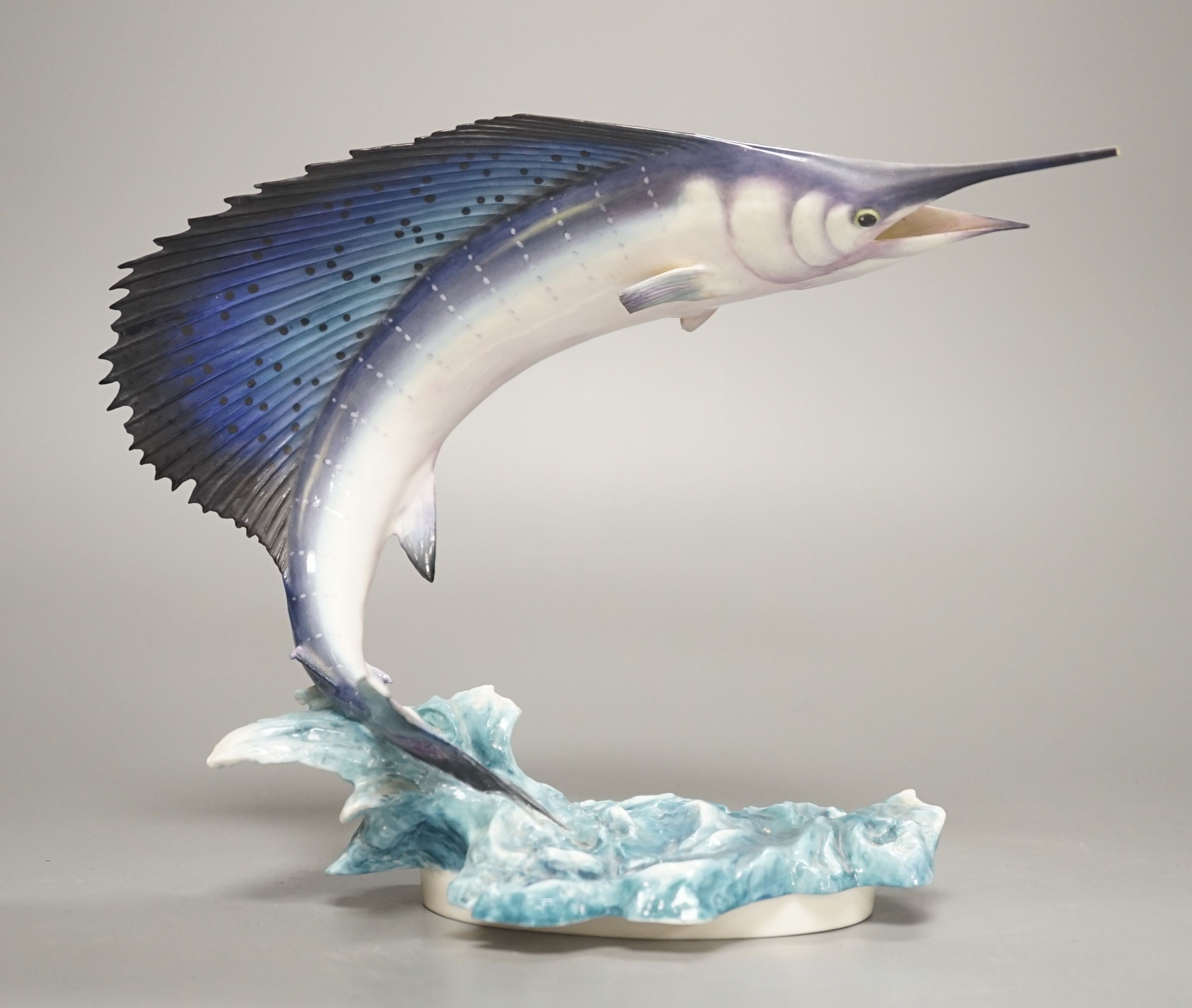 A Royal Worcester porcelain model of a Sailfish, (Istiophorous Americanus), modeled by Ronald Van Ruyckevelt, number 179 of 500, from the ‘’Sporting Fish’’ series